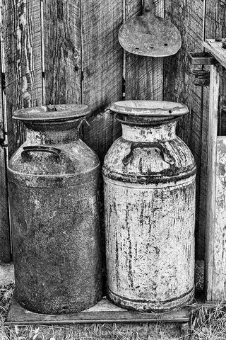 Milk Churns Black Ornate Wood Framed Art Print with Double Matting by Vintage Photo Archive