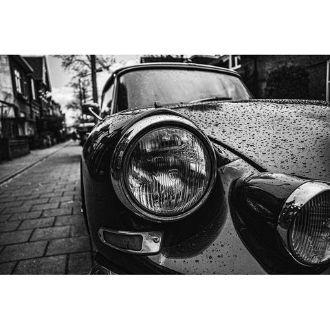 Vintage Headlight in Rain White Modern Wood Framed Art Print by Vintage Photo Archive