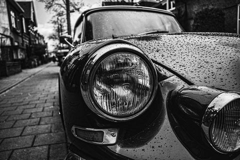 Vintage Headlight in Rain Black Ornate Wood Framed Art Print with Double Matting by Vintage Photo Archive