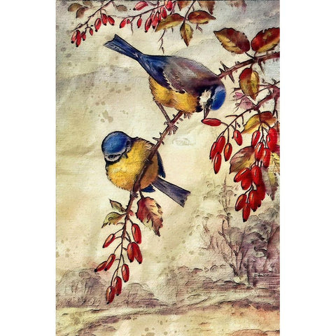 Autumn Bluebirds Gold Ornate Wood Framed Art Print with Double Matting by Alpenglow Workshop