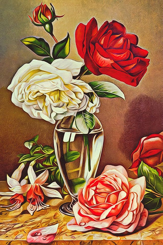 Roses in a Glass Vase Black Ornate Wood Framed Art Print with Double Matting by Alpenglow Workshop