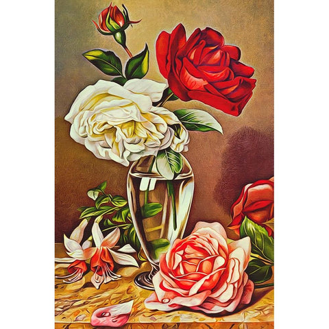 Roses in a Glass Vase Gold Ornate Wood Framed Art Print with Double Matting by Alpenglow Workshop