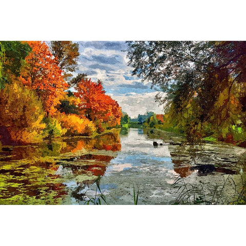 Lakeside Autumn Trees Gold Ornate Wood Framed Art Print with Double Matting by Alpenglow Workshop