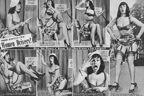 Bettie Page Driving, 1952 Black Ornate Wood Framed Art Print with Double Matting by Vintage Hollywood Archive