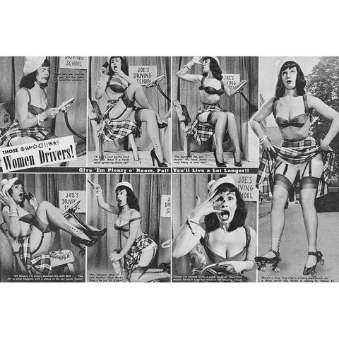 Bettie Page Driving, 1952 White Modern Wood Framed Art Print by Vintage Hollywood Archive