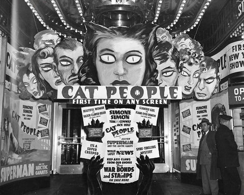 Cat People advertisements at theater entrance Black Ornate Wood Framed Art Print with Double Matting by Vintage Hollywood Archive