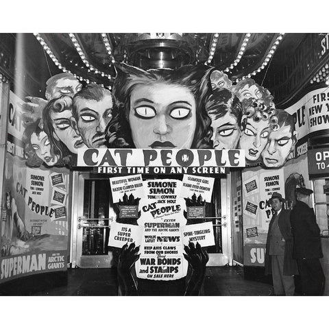 Cat People advertisements at theater entrance White Modern Wood Framed Art Print by Vintage Hollywood Archive