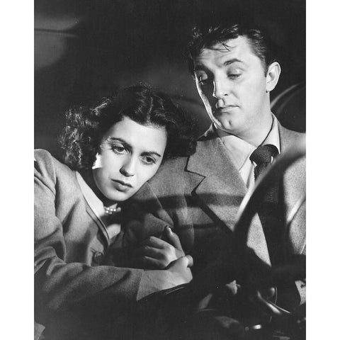 Faith Domergue, Robert Mitchum, Where Danger Lives, 1950 Black Modern Wood Framed Art Print by Vintage Hollywood Archive