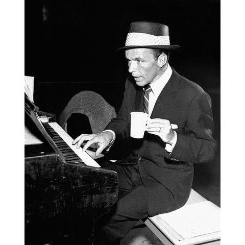 Frank Sinatra at the piano, 1954 White Modern Wood Framed Art Print by Vintage Hollywood Archive