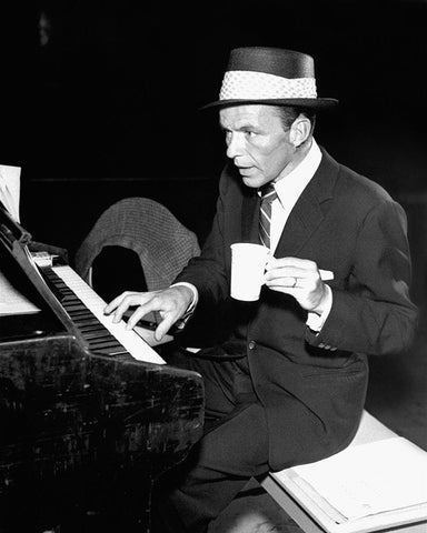 Frank Sinatra at the piano, 1954 Black Ornate Wood Framed Art Print with Double Matting by Vintage Hollywood Archive