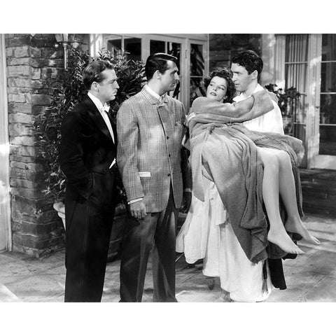 John Howard, Cary Grant, Katharine Hepburn, James Stewart, 1940 White Modern Wood Framed Art Print by Vintage Hollywood Archive