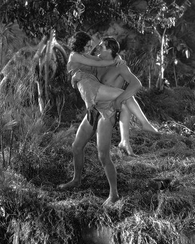 Johnny Weissmuller, Maureen OSullivan, Tarzan the Ape Man, 1932 Black Ornate Wood Framed Art Print with Double Matting by Vintage Hollywood Archive