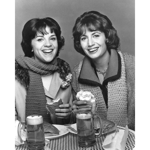 Cindy Williams, Penny Marshall, Laverne and Shirley, 1976 White Modern Wood Framed Art Print by Vintage Hollywood Archive