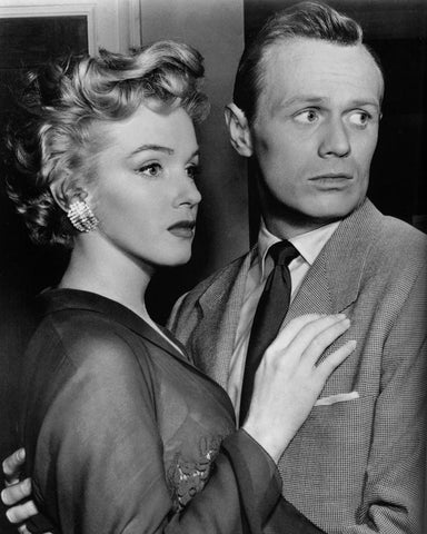 Marilyn Monroe, Richard Widmark, Dont Bother to Knock, 1952 White Modern Wood Framed Art Print with Double Matting by Vintage Hollywood Archive