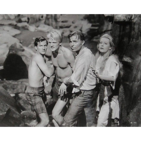 Pat Boone, Peter Ronson, James Mason, Arlene Dahl, Journey to the Center of the Earth, 1959 White Modern Wood Framed Art Print by Vintage Hollywood Archive