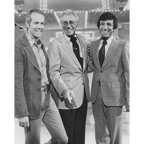 Mike Farrell, Allen Ludden, Jamie Farr, Stumpers, 1976 White Modern Wood Framed Art Print by Vintage Hollywood Archive