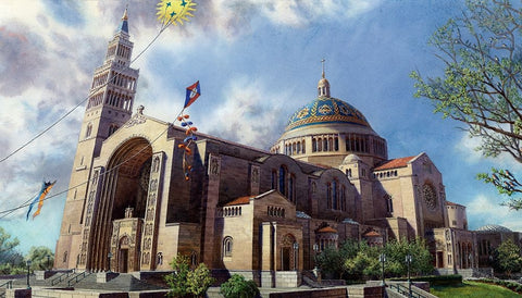 Washington Chronicle National Shrine Black Ornate Wood Framed Art Print with Double Matting by Wang, John Z.