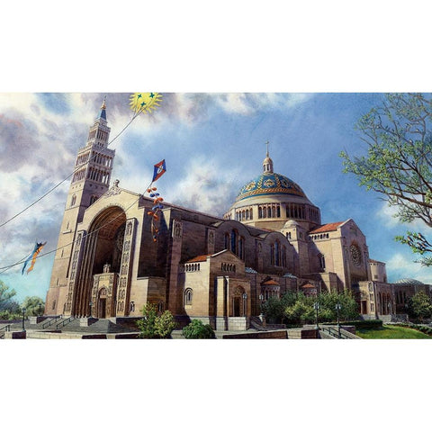 Washington Chronicle National Shrine Gold Ornate Wood Framed Art Print with Double Matting by Wang, John Z.