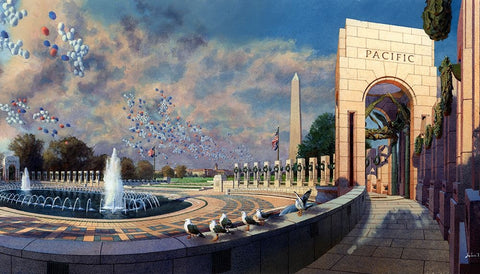 Washington Chronicle WWII Memorial White Modern Wood Framed Art Print with Double Matting by Wang, John Z.