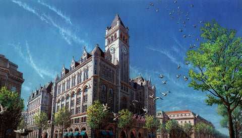 Washington Chronicle Old Post Office White Modern Wood Framed Art Print with Double Matting by Wang, John Z.