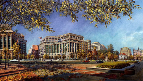 Washington Chronicle Pennsylvania Avenue Black Ornate Wood Framed Art Print with Double Matting by Wang, John Z.