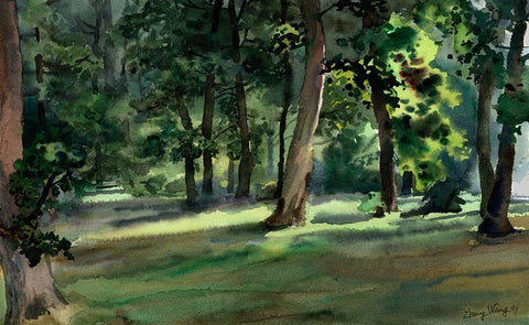 Summer Trees White Modern Wood Framed Art Print with Double Matting by Wang, John Z.