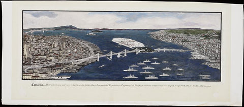 San Francisco-1939-Panorama Bay Bridge White Modern Wood Framed Art Print with Double Matting by Worlds Fair Posters