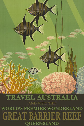 Australia Travel Poster Great Barrier Reef White Modern Wood Framed Art Print with Double Matting by Vintage Travel Posters