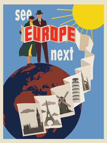 Europe Travel Poster Black Modern Wood Framed Art Print by Vintage Travel Posters