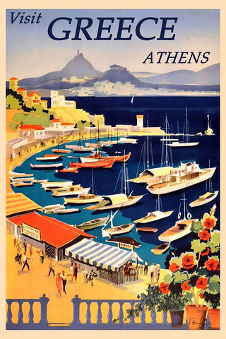 Greece Athens Travel Poster Black Modern Wood Framed Art Print by Vintage Travel Posters