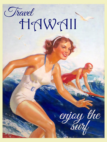 Hawaii Surfing Travel Poster Black Modern Wood Framed Art Print by Vintage Travel Posters