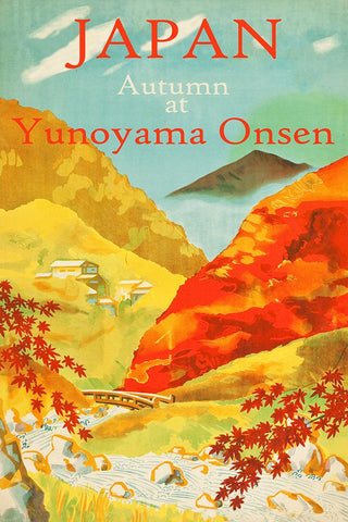 Autumn at Yunoyama Onsen Japanese Travel Poster Black Modern Wood Framed Art Print by Vintage Travel Posters