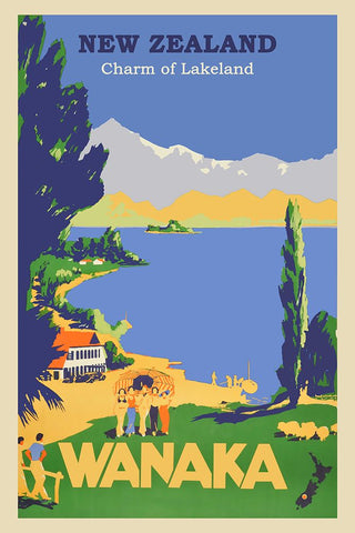 New Zealand Wanaka Travel Poster Black Modern Wood Framed Art Print by Vintage Travel Posters