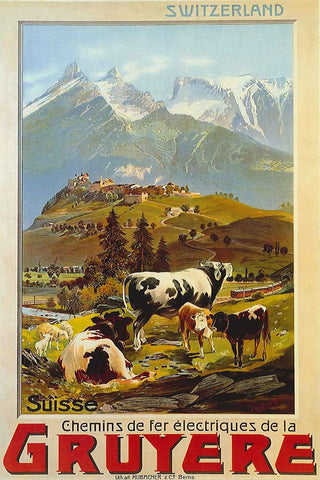 Switzerland Travel Poster Gruyere White Modern Wood Framed Art Print with Double Matting by Vintage Travel Posters