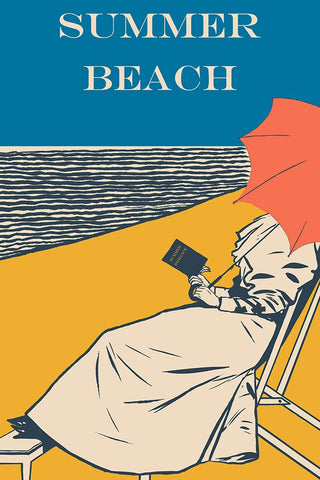 Women Reading on Beach Black Modern Wood Framed Art Print by Vintage Travel Posters