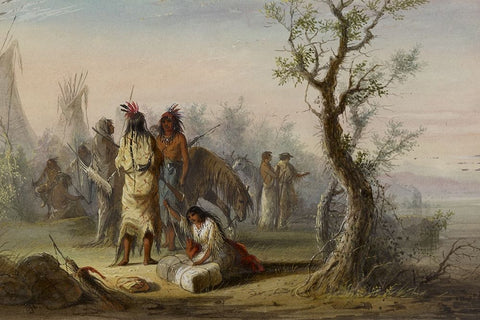 An Indian Camp White Modern Wood Framed Art Print with Double Matting by Miller, Alfred Jacob