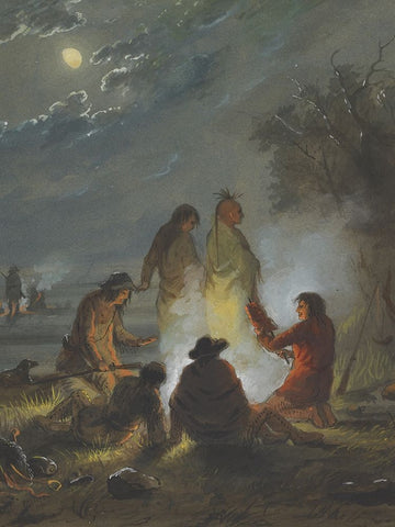 Camp Fire, Preparing the Evening Meal White Modern Wood Framed Art Print with Double Matting by Miller, Alfred Jacob