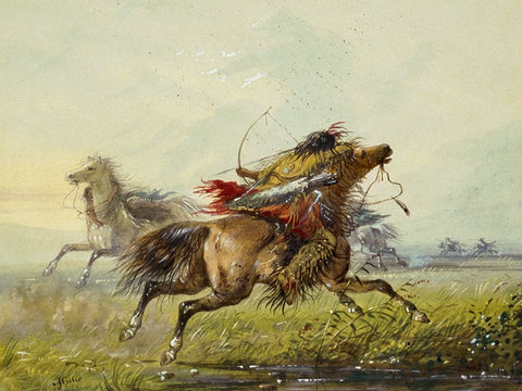 Dodging an Arrow Black Ornate Wood Framed Art Print with Double Matting by Miller, Alfred Jacob