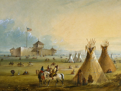 Fort Laramie White Modern Wood Framed Art Print with Double Matting by Miller, Alfred Jacob