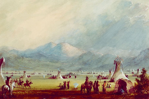 Large Encampment Nr the Cut Rocks White Modern Wood Framed Art Print with Double Matting by Miller, Alfred Jacob