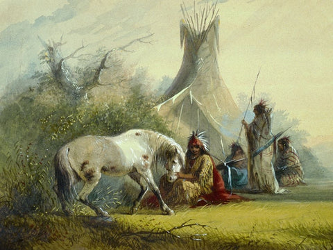 Shoshone Indian and his Pet Horse White Modern Wood Framed Art Print with Double Matting by Miller, Alfred Jacob