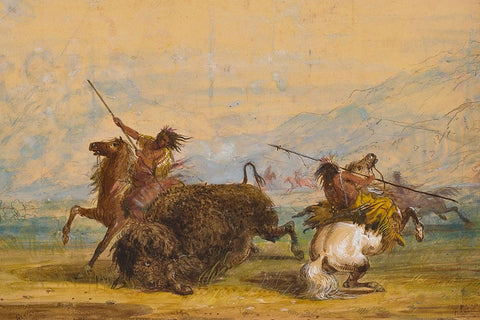 Crow Indians attacking a buffalo with the lance White Modern Wood Framed Art Print with Double Matting by Miller, Alfred Jacob