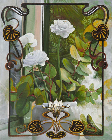 Rose Bianche Liberty Black Ornate Wood Framed Art Print with Double Matting by Borelli, Guido
