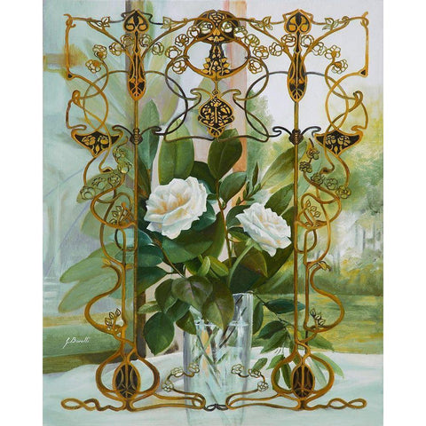 Foglie e Fiori Bianchi Liberty Gold Ornate Wood Framed Art Print with Double Matting by Borelli, Guido