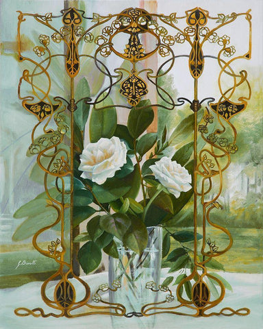 Foglie e Fiori Bianchi Liberty White Modern Wood Framed Art Print with Double Matting by Borelli, Guido
