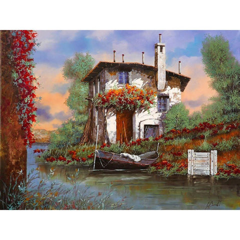 Tramonto sul lago con Bougainvillea Black Modern Wood Framed Art Print with Double Matting by Borelli, Guido