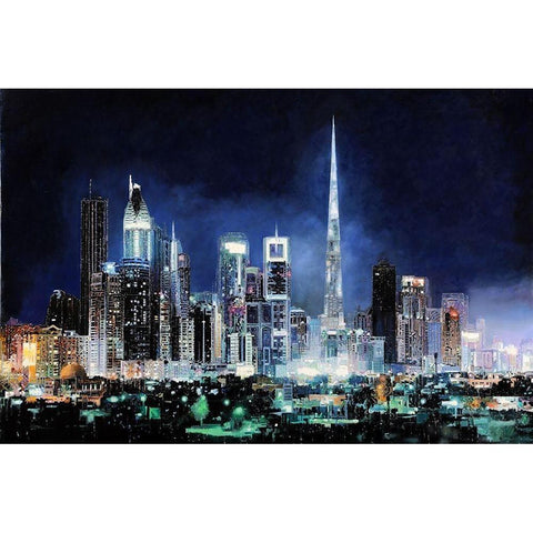 Night in Dubai City Black Modern Wood Framed Art Print with Double Matting by Borelli, Guido