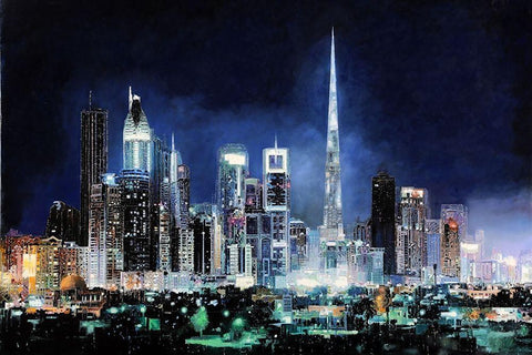 Night in Dubai City Black Ornate Wood Framed Art Print with Double Matting by Borelli, Guido