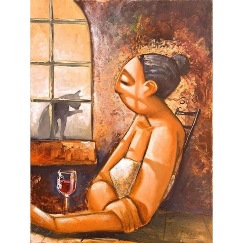 Lady and Cat I Black Modern Wood Framed Art Print by West, Ronald