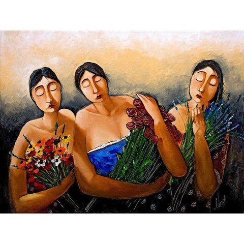 Ladies with Flowers Black Modern Wood Framed Art Print with Double Matting by West, Ronald